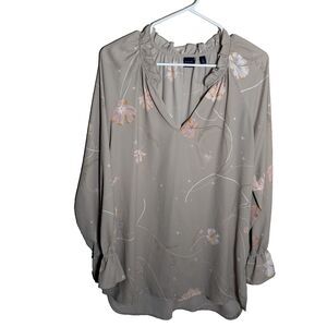 Karri Blue Blouse Women's Large Brown V-Neck Long Sleeve Floral Ruffle Top